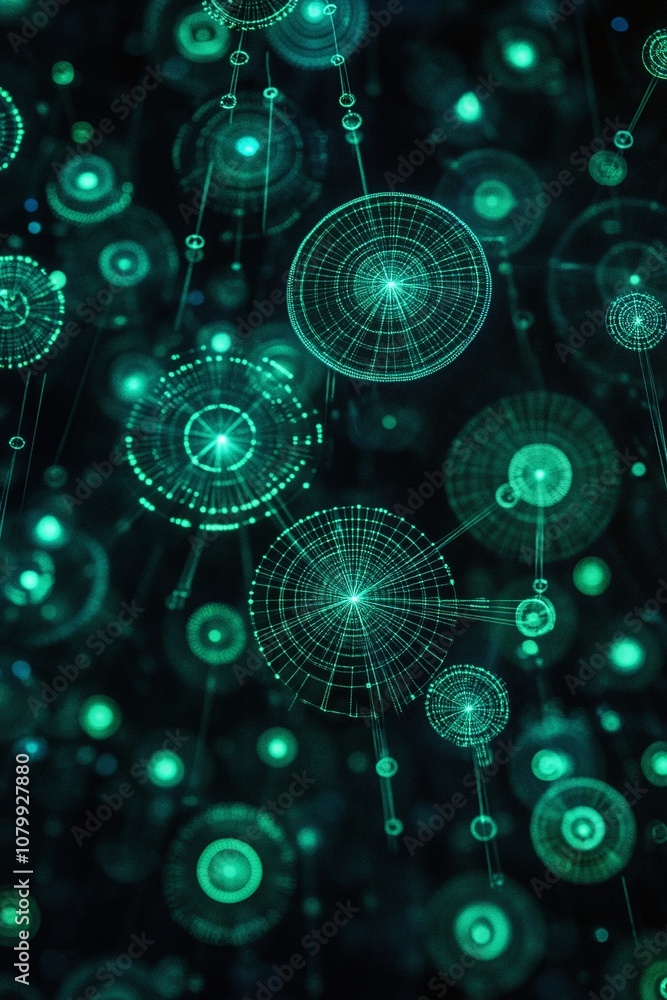 Abstract digital background featuring luminous green circles and interconnected grid patterns representing technology, data, and innovation in a visually striking design.
