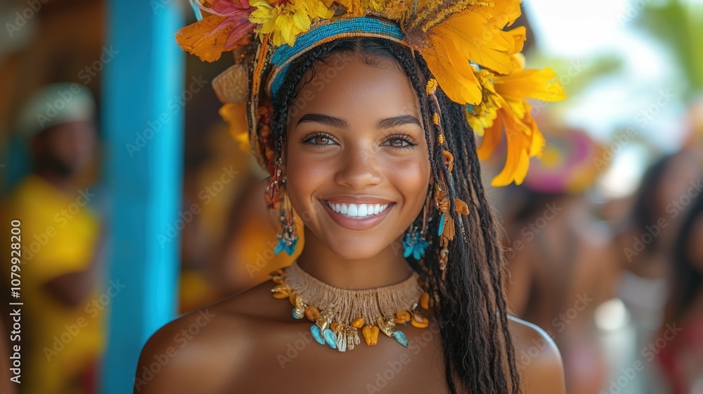 Smiling woman adorned with flowers and jewelry in a festive setting. Smiling woman adorned with flowers and jewelry in a festive setting.