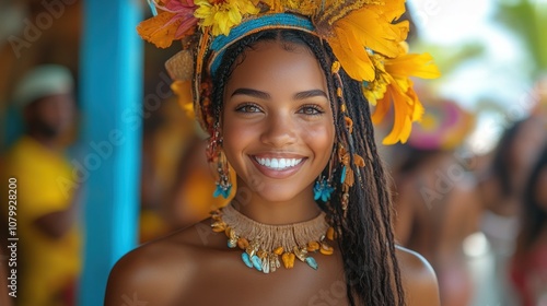 Smiling woman adorned with flowers and jewelry in a festive setting.