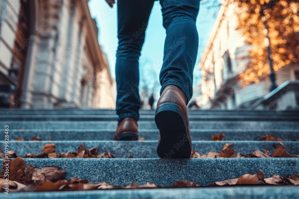 Fototapeta premium Man walking up stairs in city with fall leaves.