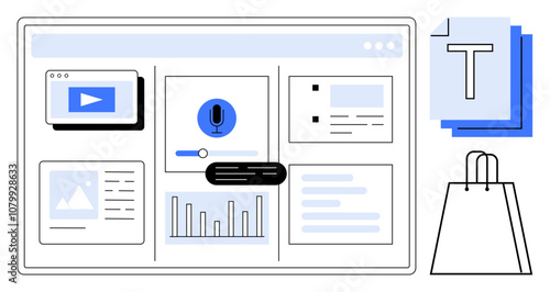 Website interface featuring video player, microphone icon, bar charts, document with text, and shopping bag. Ideal for web design, multimedia, content creation, e-commerce data analysis digital