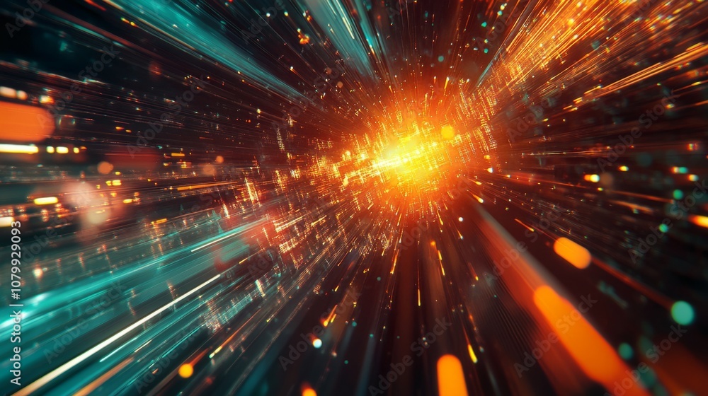 Fototapeta premium A vibrant sci-fi motion wallpaper depicting hyper-speed space travel, with luminous data streams and dynamic explosions, isolated on a single color background