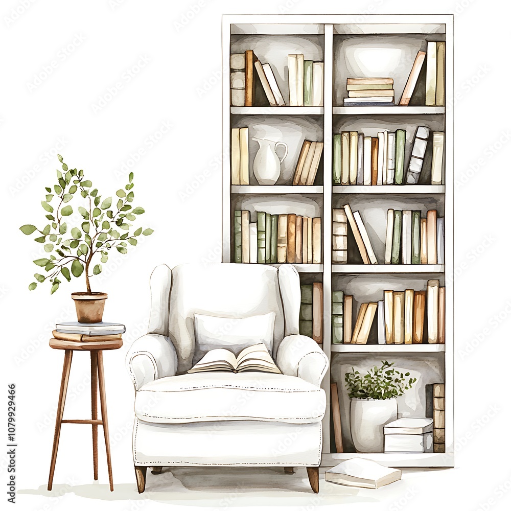 Cozy Reading Nook with a Bookcase Full of Books and Plants. Cozy Reading Nook with a Bookcase Full of Books and Plants.