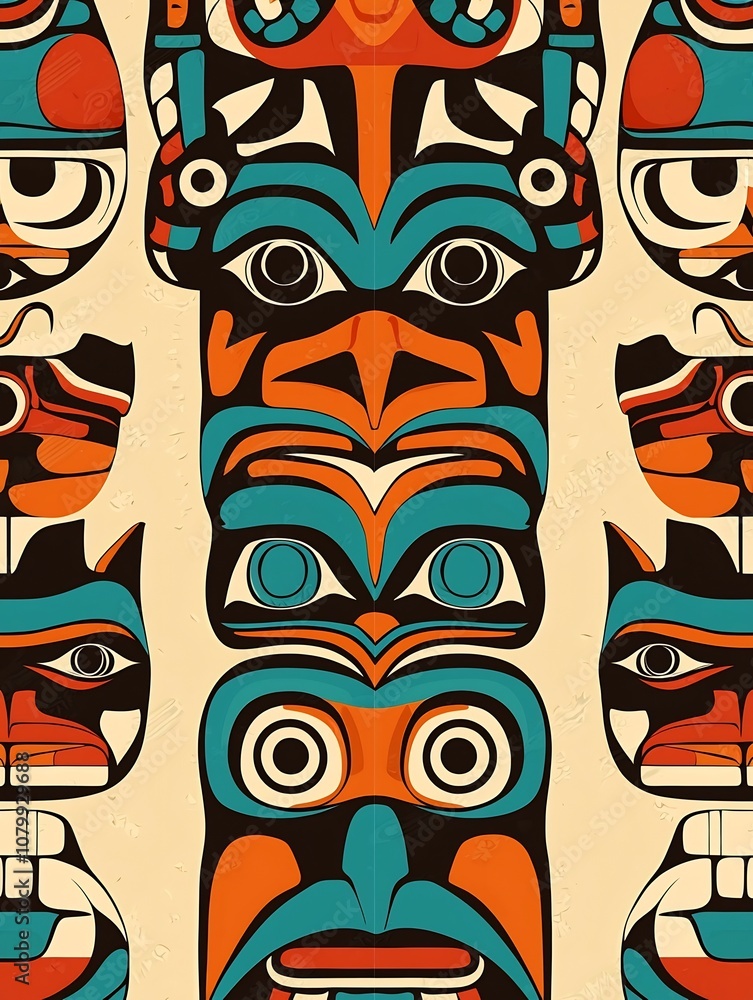 Fototapeta premium Vibrant Native Alaskan Tribal Pattern with Totem Pole Motifs and Stylized Animal Spirits in Symmetrical Arrangement