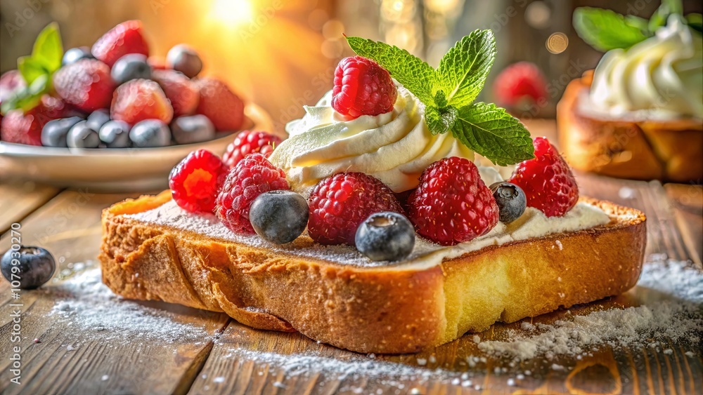 Aromatic Whipped Cream Topped with Sweet Berries and a Delicate Dusting of Powdered Sugar, Offering a Delightful Dessert Experience Aromatic Whipped Cream Topped with Sweet Berries and a Delicate Dusting of Powdered Sugar, Offering a Delightful Dessert Experience