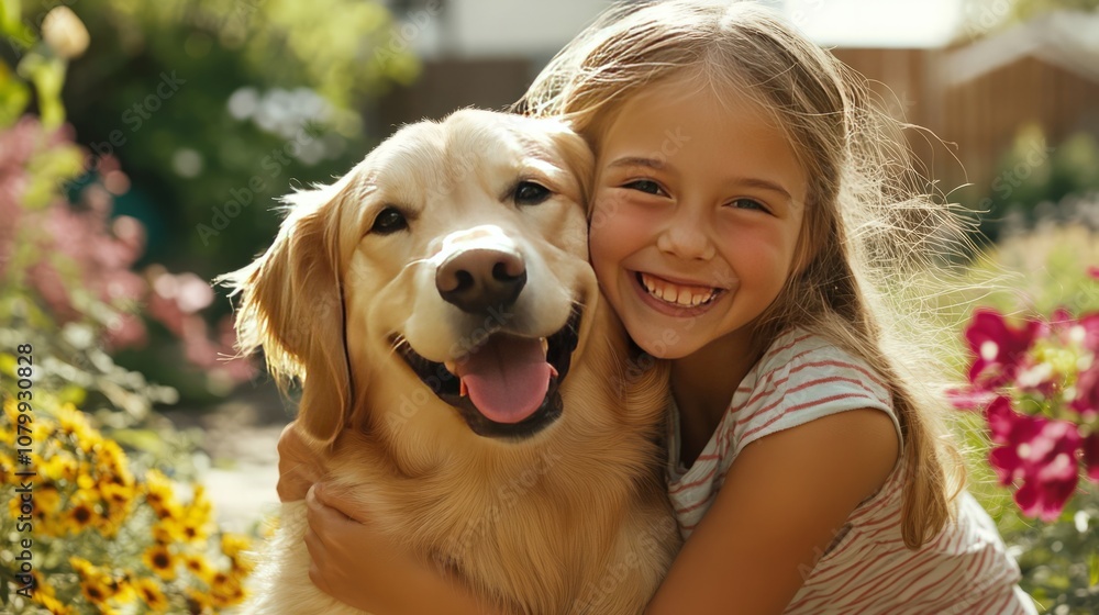 A young girl joyfully hugging her fluffy golden retriever, both with bright smiles A young girl joyfully hugging her fluffy golden retriever, both with bright smiles