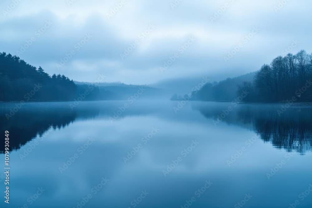 Fototapeta premium Misty morning lake with calm water and trees reflected in the water.