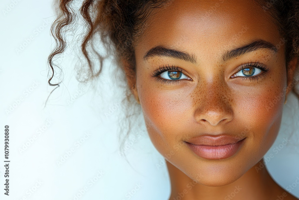 Naklejka premium A close-up portrait of a young woman with curly hair and freckles, smiling warmly.