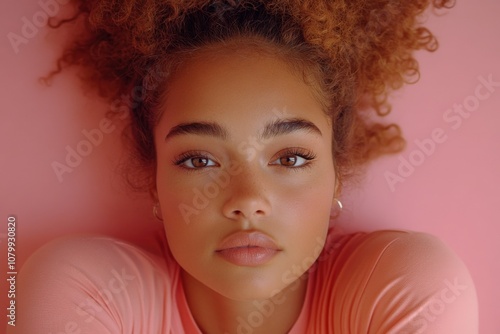 Wallpaper Mural A close-up portrait of a young woman with curly hair against a pink background. Torontodigital.ca