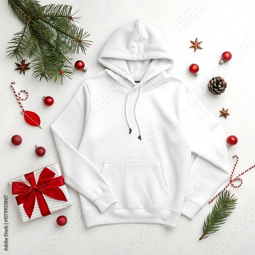 Flat lay White Blank Hoodie Design with Christmas Elements
