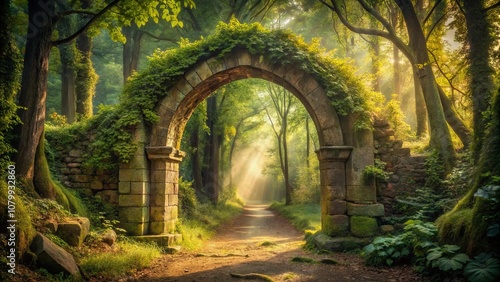 A moss-covered stone archway leads into a sun-drenched forest path, inviting you to explore the mysteries that lie beyond.