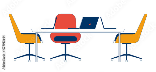 Office desk with laptops and chairs 2D cartoon object. Comfortable furniture and computers for corporate coworking isolated element flat vector clipart on white background. Spot illustration