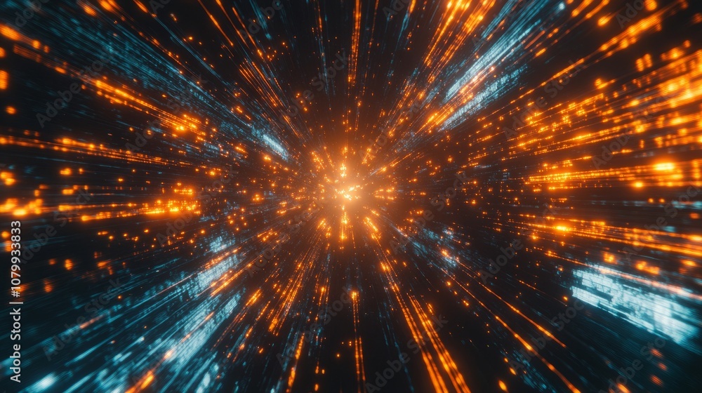 An intricate visualization of glowing data trails and explosive elements, embodying the concept of hyper-speed travel, set against a minimalist color backdrop An intricate visualization of glowing data trails and explosive elements, embodying the concept of hyper-speed travel, set against a minimalist color backdrop
