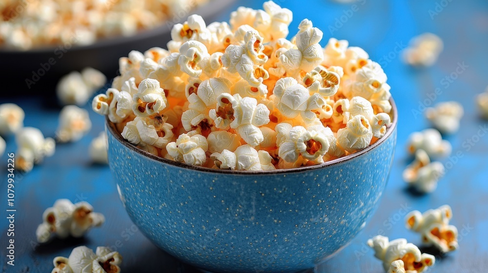 Delicious popcorn overflowing from a blue bowl on a colorful surface, perfect for movie nights or snack cravings Delicious popcorn overflowing from a blue bowl on a colorful surface, perfect for movie nights or snack cravings