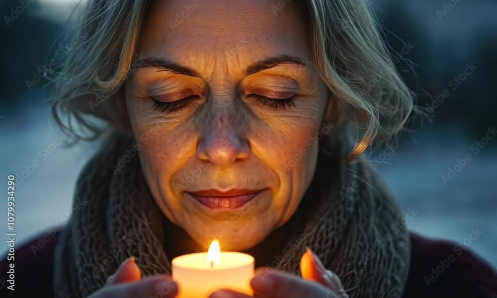 A woman holds a lit candle, reflecting tranquility and warmth in a serene setting. A woman holds a lit candle, reflecting tranquility and warmth in a serene setting.