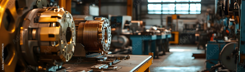 Electric motor stator with brass parts in a plant workshop - Electric motor stator with brass parts in a plant workshop -