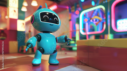 Charming Cartoon Robot in a Colorful, Futuristic Play Space