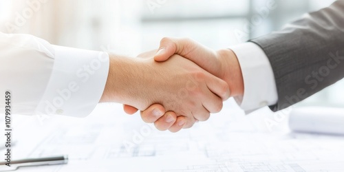 A close-up of two hands shaking, symbolizing partnership and agreement in a professional environment.