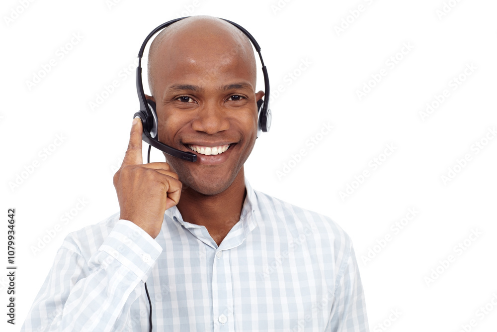 Portrait, agent or headset in studio for customer support, telemarketing or African man with friendly service. Consultant, happy or tech on white background space for help, advice or CRM in Tanzania Portrait, agent or headset in studio for customer support, telemarketing or African man with friendly service. Consultant, happy or tech on white background space for help, advice or CRM in Tanzania