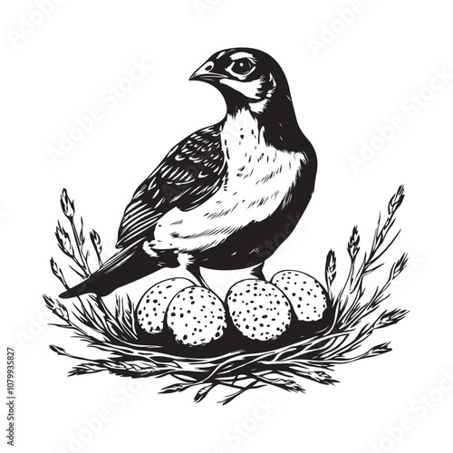 Domestic Quail Sits in a Nest and Hatches Quail Eggs.Poultry Farm, Agriculture Stock image vector  on white background