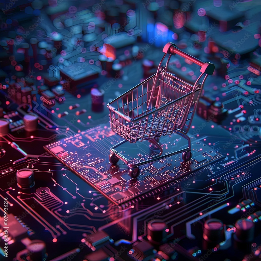 The vibrant shopping cart rests on a circuit board, illustrating the fusion of technology and online shopping. This visual embodies the future of e-commerce The vibrant shopping cart rests on a circuit board, illustrating the fusion of technology and online shopping. This visual embodies the future of e-commerce