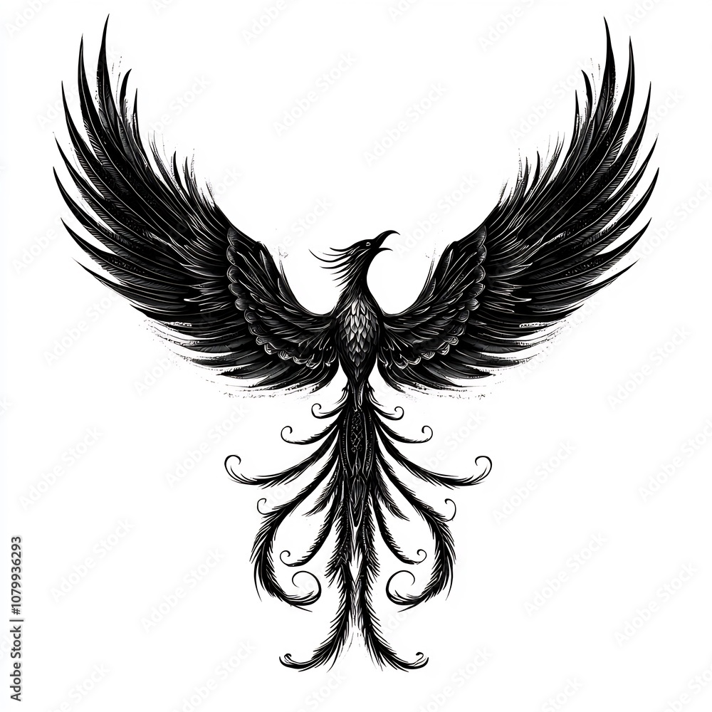 Obraz premium Dramatic Phoenix Tattoo with Detailed Mythical Feathers and Tail Symbolizing Rebirth and Resilience
