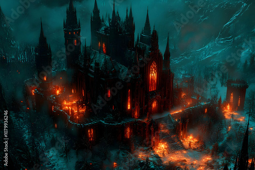 Illustration - Gothic Castle Night, Winter, Fire, Snow