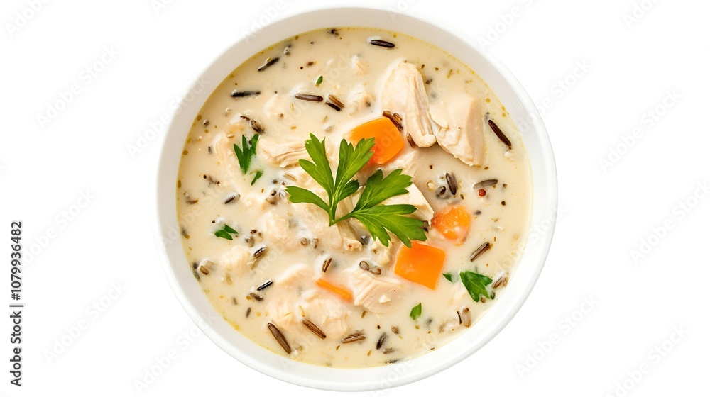 Creamy chicken wild rice soup in a bowl isolated on white background top view. Creamy chicken wild rice soup in a bowl isolated on white background top view.