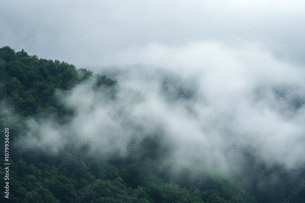 Fototapeta premium Misty mountain landscape with a soft, white blanket of clouds.