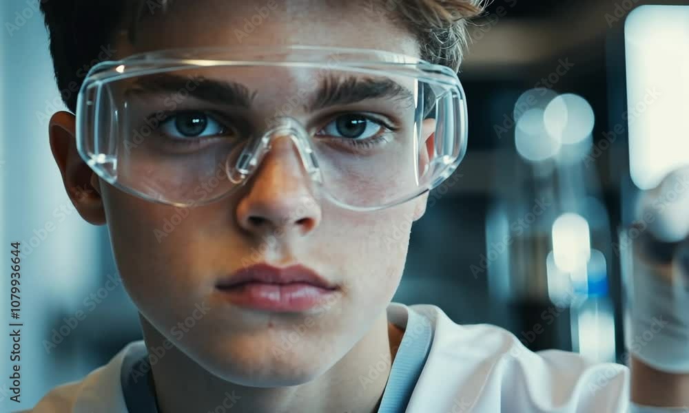 A young male wearing protective goggles, focused and serious in a laboratory setting. A young male wearing protective goggles, focused and serious in a laboratory setting.