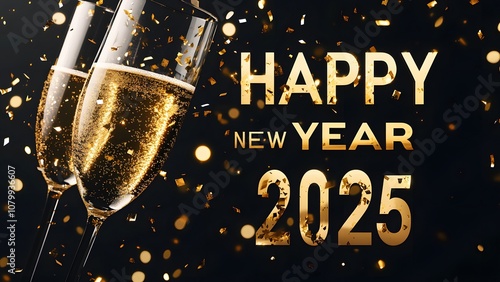 Champagne glasses and golden 2025 characters