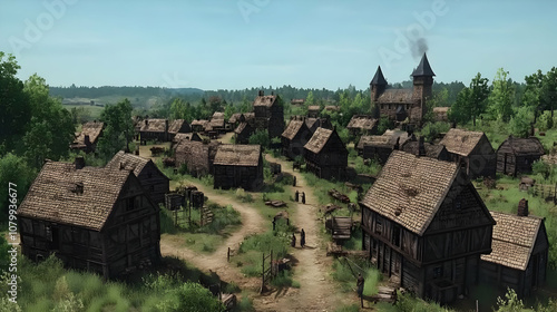 Fototapeta Naklejka Na Ścianę i Meble -  Realistic Illustration Medieval Village Forest Houses Dirt Roads Daytime