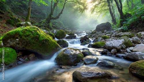 A Serene Mountain Stream Flowing Over Smooth Stones, Surrounded by Dense Forests and Moss-Covered Rocks, Captured in the Early Morning Mist for a Tranquil Nature Landscape