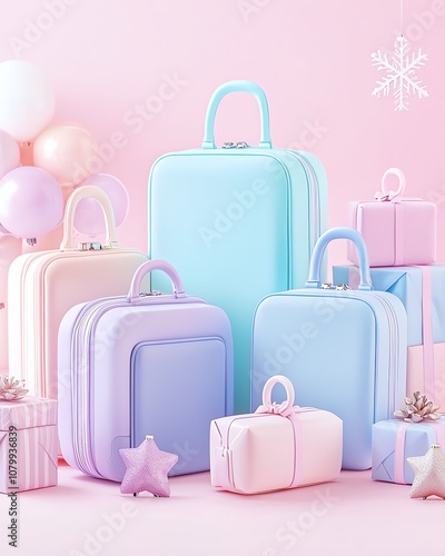  festive Colorful pastel luggage sets arranged on a soft pink background, complemented by decorative elements like balloons and gifts, creating a cheerful travel vibe.