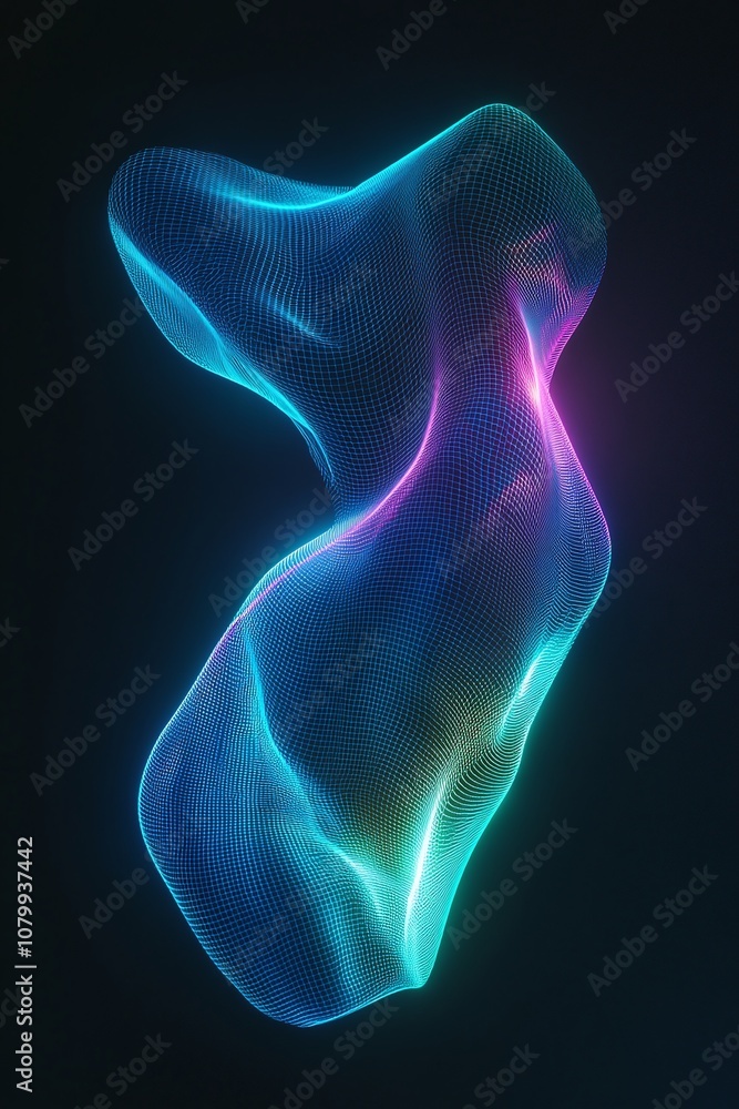 Abstract glowing mesh shape with vibrant colors creating a visual representation of digital art and futuristic design against a dark background Abstract glowing mesh shape with vibrant colors creating a visual representation of digital art and futuristic design against a dark background