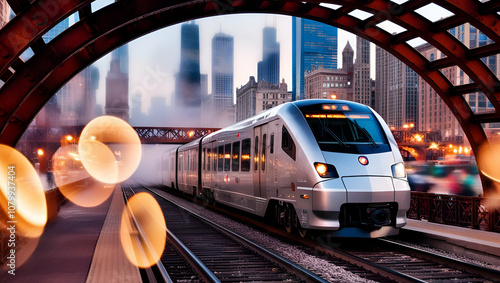 A dynamic bokeh effect photography captures a sleek, silver train as it crosses a rusty, steel arch bridge in the midst of Chicago's vibrant transportation system in Illinois, USA, with the city's ico photo