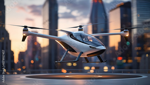 Dramatic bokeh effect photography of a sleek, modern unmanned electric air taxi, its rotors whirring, as it gently lands on a designated helipad amidst a metropolitan cityscape at dusk, with warm gold photo