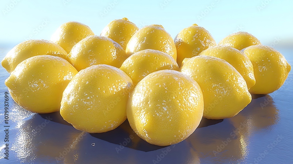 A group of fresh lemons, illuminated by a soft, blue light, sit on a reflective surface. A group of fresh lemons, illuminated by a soft, blue light, sit on a reflective surface.