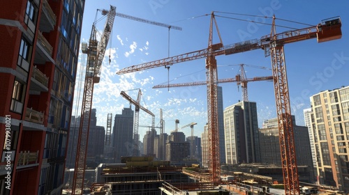 A city skyline with a large crane in the middle