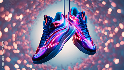 Vibrant, futuristic metaverse fashion sneaker shoes suspended in mid-air, surrounded by a mesmerizing bokeh effect, evoking a sense of depth and dimensionality, as if the viewer is peering into a virt photo