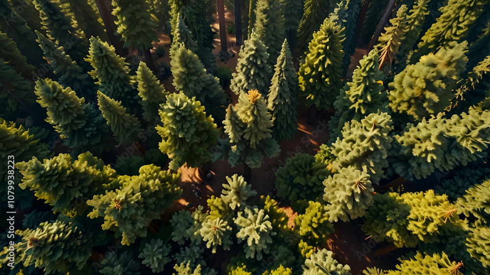 An aerial perspective of massive sequoia trees in a woodland. AI-generated
