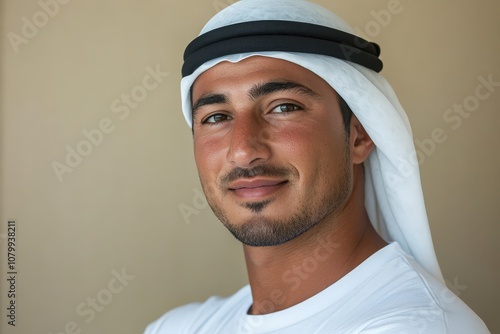 A smiling man in traditional attire poses confidently, showcasing cultural heritage.