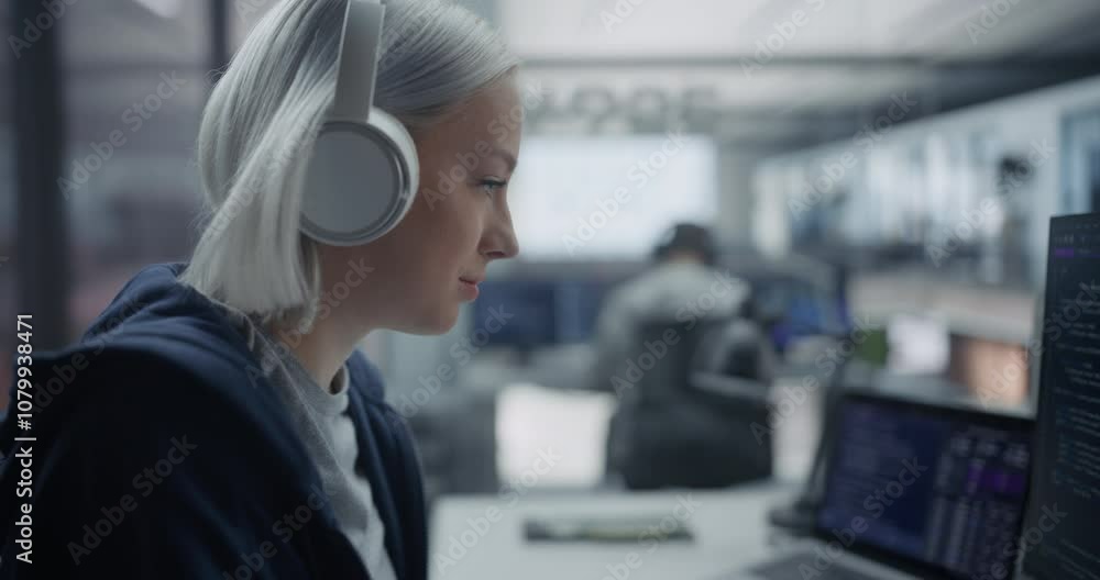 Portrait of a Young Female Specialist Wearing Headphones while Working on Software Development on a Desktop Computer in a Technological Startup. Supporting Clients and Collaborating on a Project Portrait of a Young Female Specialist Wearing Headphones while Working on Software Development on a Desktop Computer in a Technological Startup. Supporting Clients and Collaborating on a Project