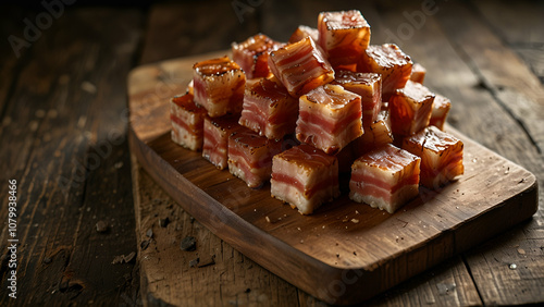 Bacon cubes on an old-fashioned wooden board photo