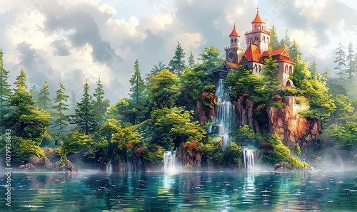 Nestled amidst vibrant waterfalls and lush greenery, a majestic fantasy castle rises, exuding an enchanting aura in a tranquil, dreamlike setting