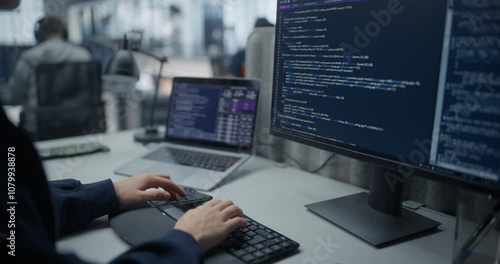 Wallpaper Mural Young Female Specialist with Blonde Hair Working in an Administration Department, Using Computer in Office, Writing Code for a Collaborative Project. Camera Switches From a Portrait to the Screen Torontodigital.ca