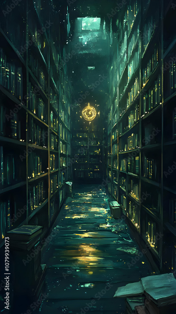 custom made wallpaper toronto digitalIllustration - Mystical Library Bookshelf Magic Dark Fantasy