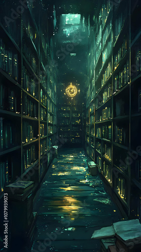 Wallpaper Mural Illustration - Mystical Library Bookshelf Magic Dark Fantasy Torontodigital.ca