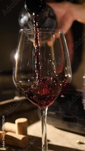Sommelier pours red wine into glass in close-up.
Red wine bottle fills glass in a cellar.