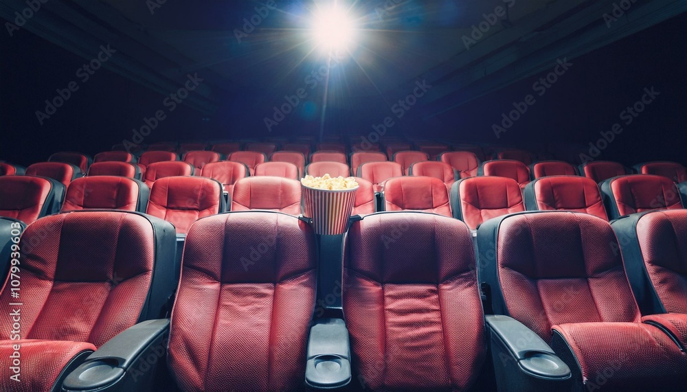 Interior of empty dark cinema with rows of red seats with cup holders and popcorn. Concept of entertainment. ai generated Interior of empty dark cinema with rows of red seats with cup holders and popcorn. Concept of entertainment. ai generated